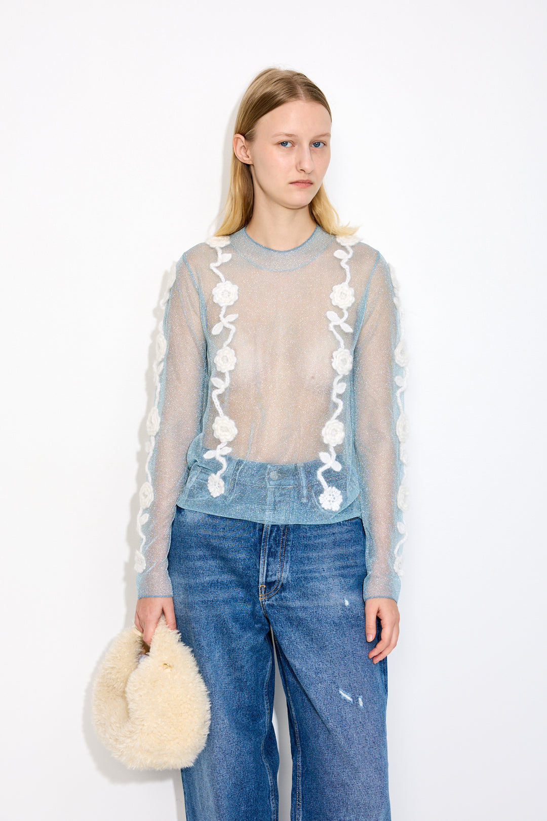 Sheer Flower Crochet Applique Top