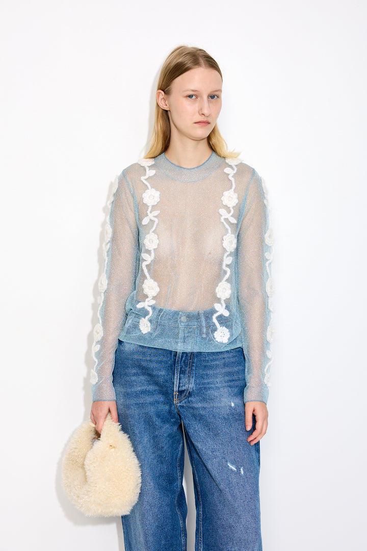 Sheer Flower Crochet Applique Top