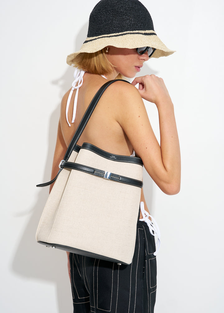 Belted canvas bucket bag