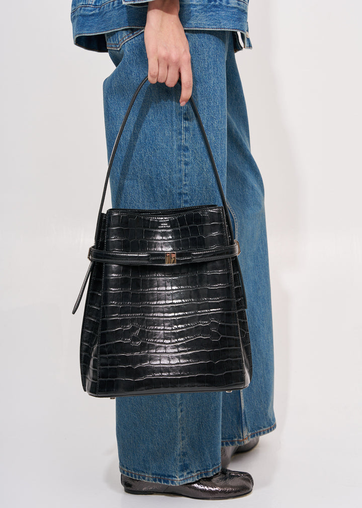 Belted croco-embossed bucket bag