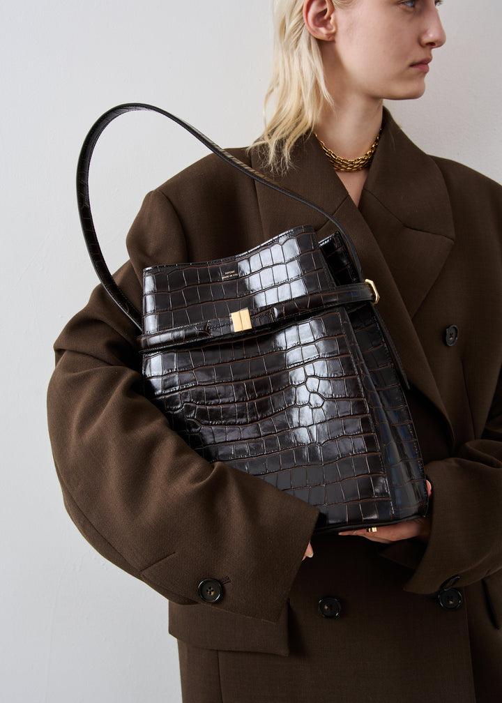 Belted croco-embossed bucket bag