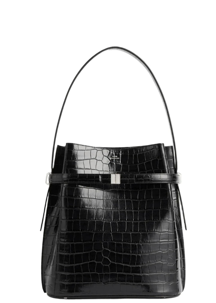 Belted croco-embossed bucket bag