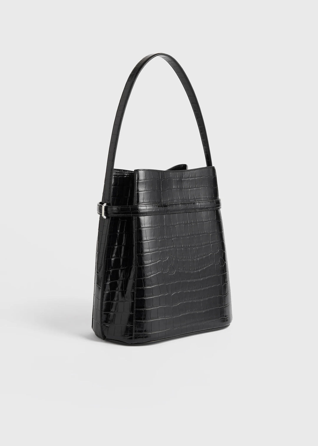 Belted croco-embossed bucket bag