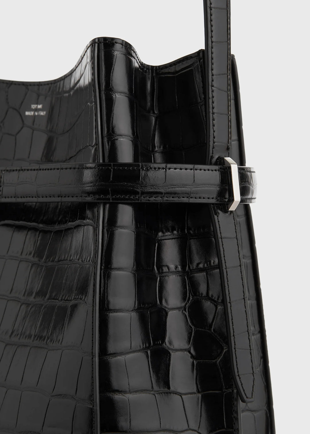 Belted croco-embossed bucket bag