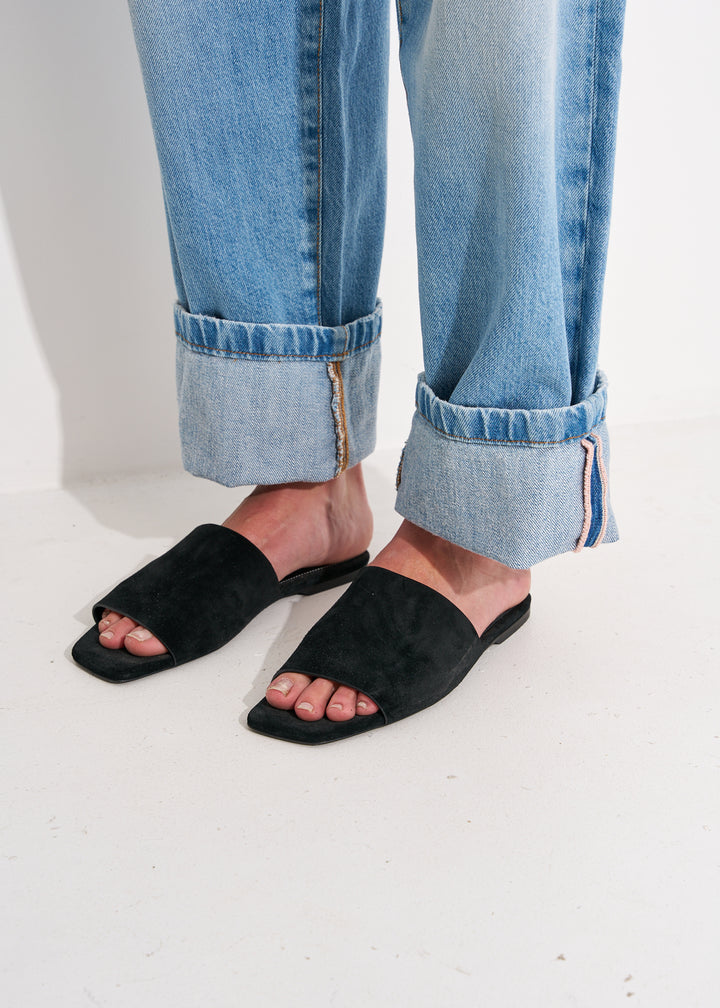 Velour-Leather Bandeau Slides