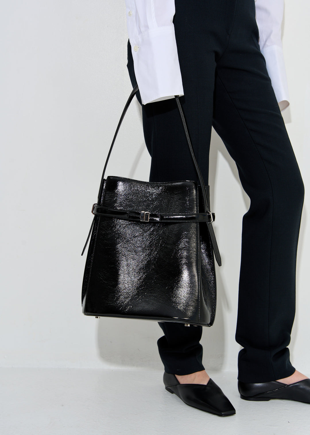 Belted Naplack-leather bucket bag