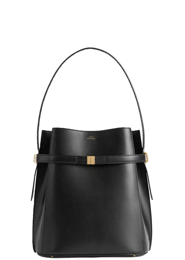 Belted leather bucket bag