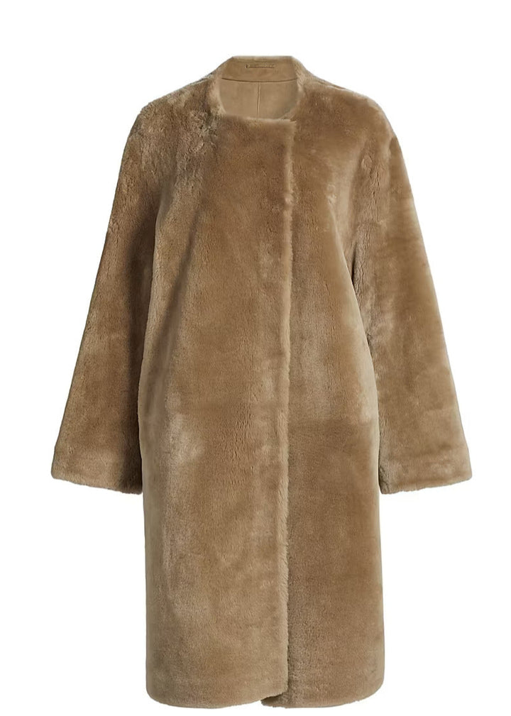 Collarless shearling coat