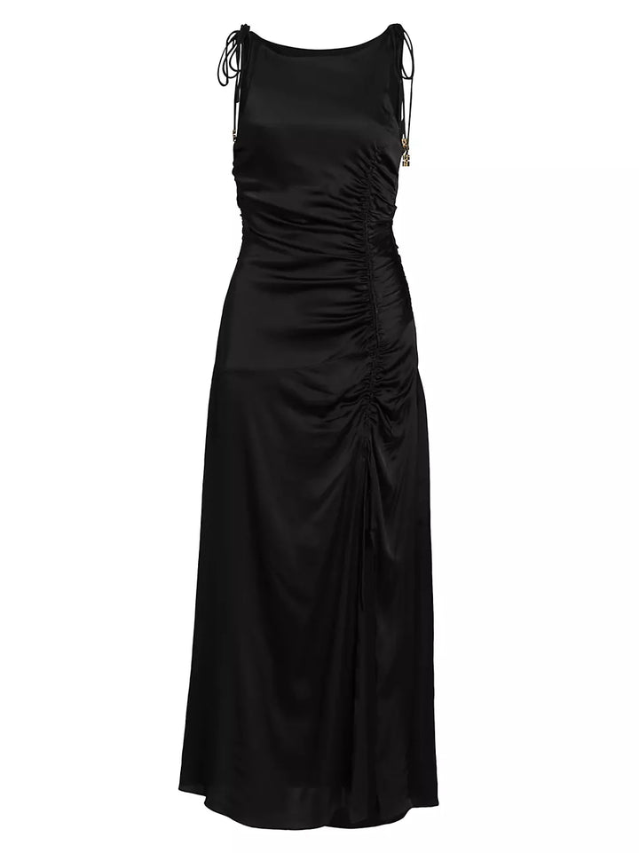 Solid Satin Gathered Long Dress