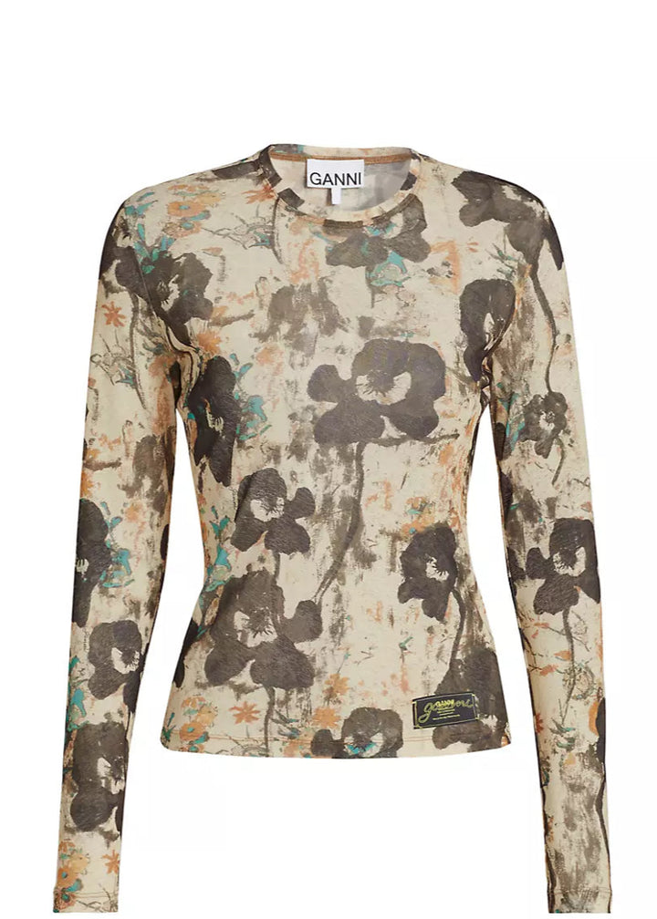 Printed Marl Mesh Long Sleeve Top