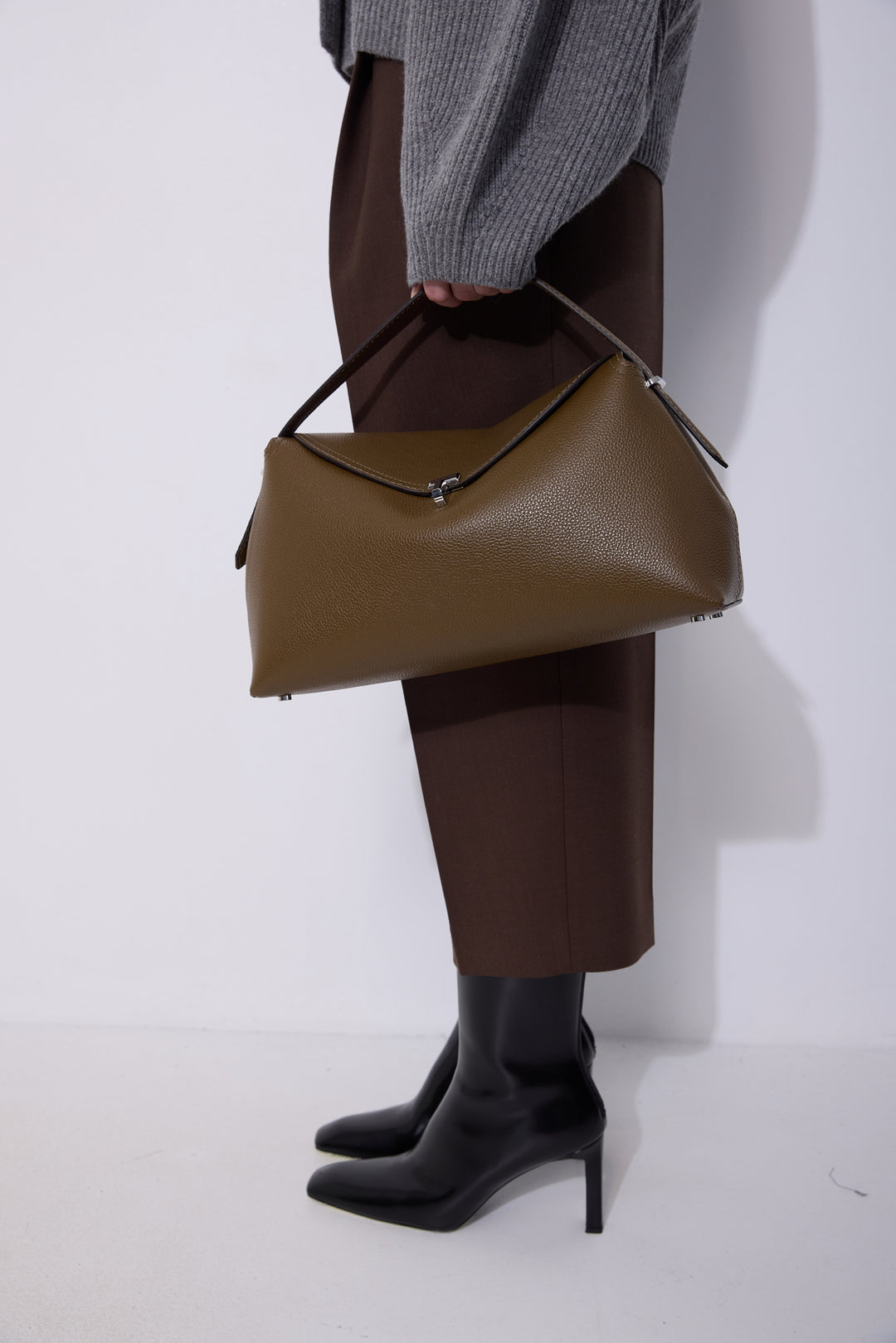 T-Lock Grained-Leather Top Handle