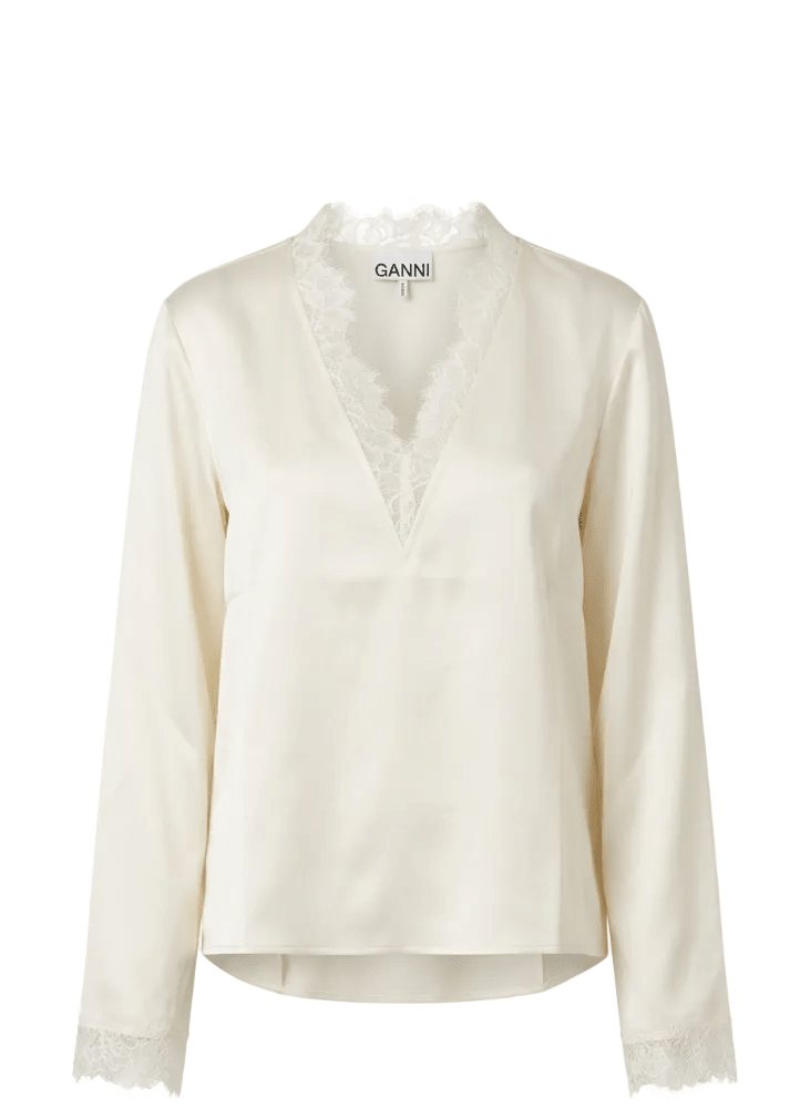 GANNI | Fluid Satin Long Sleeve Blouse | Tops
