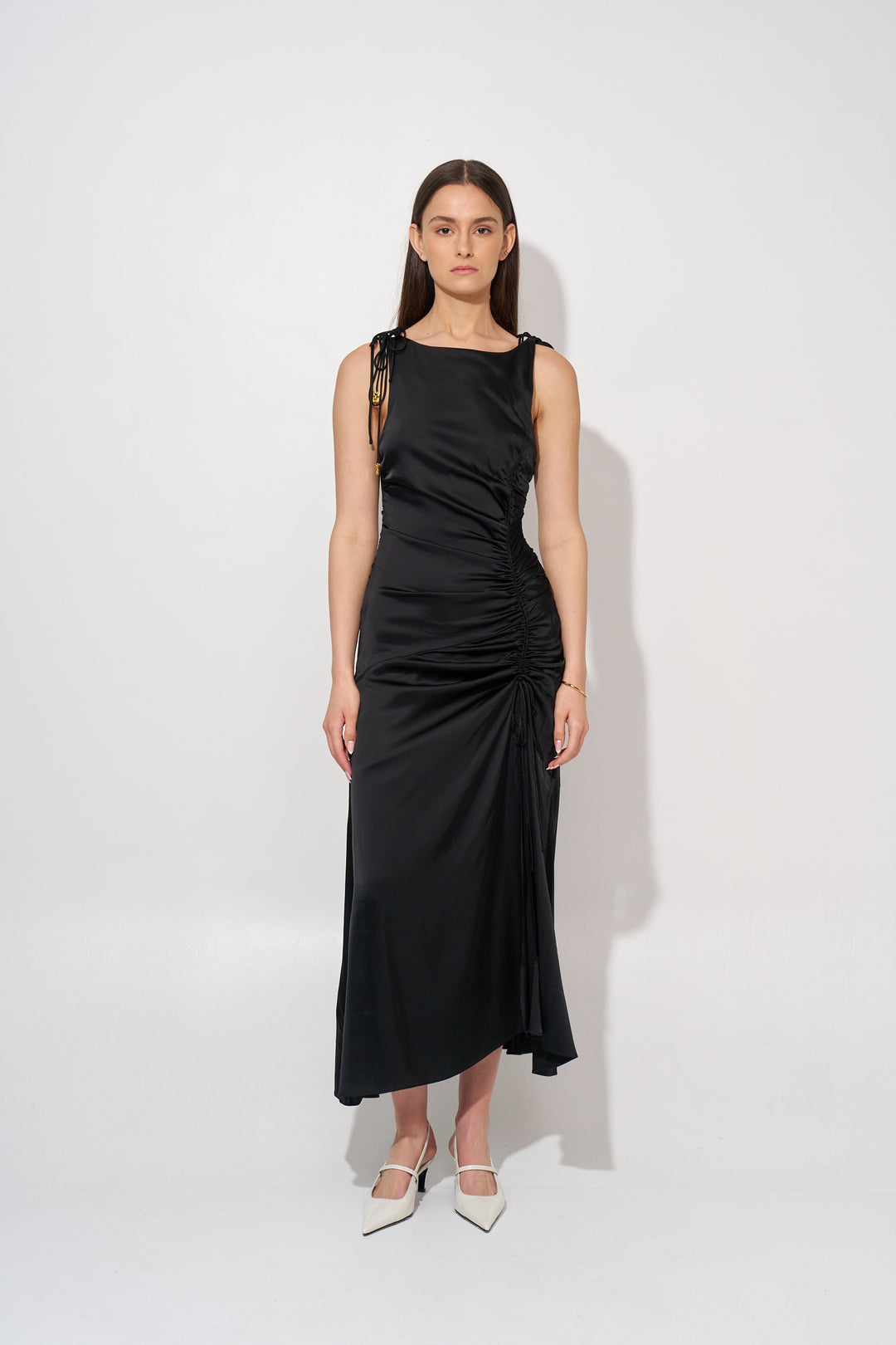 Solid Satin Gathered Long Dress