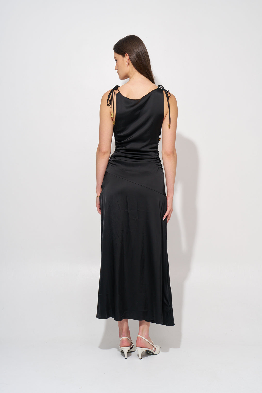 Solid Satin Gathered Long Dress