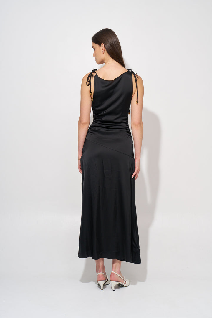 Solid Satin Gathered Long Dress