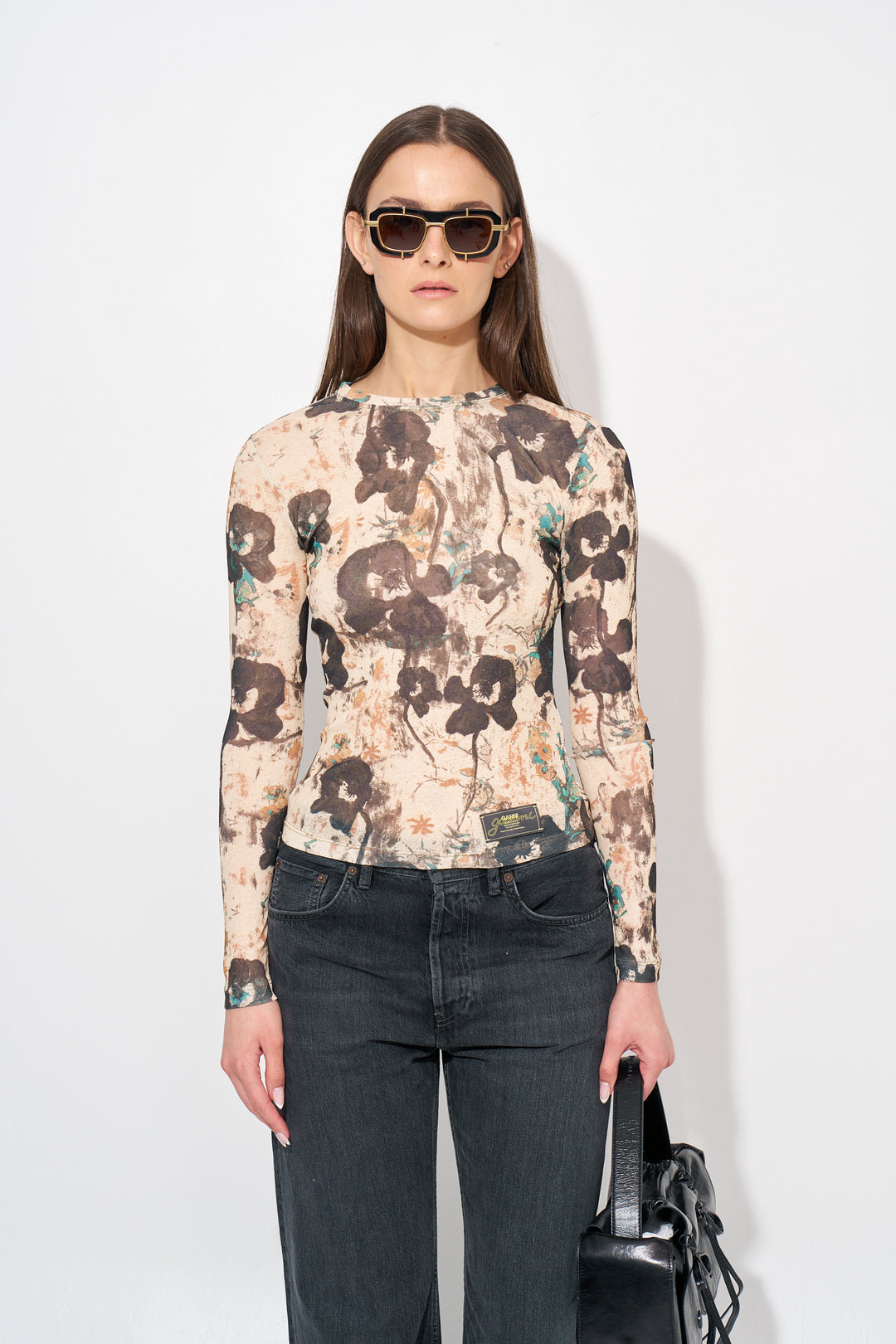 Printed Marl Mesh Long Sleeve Top