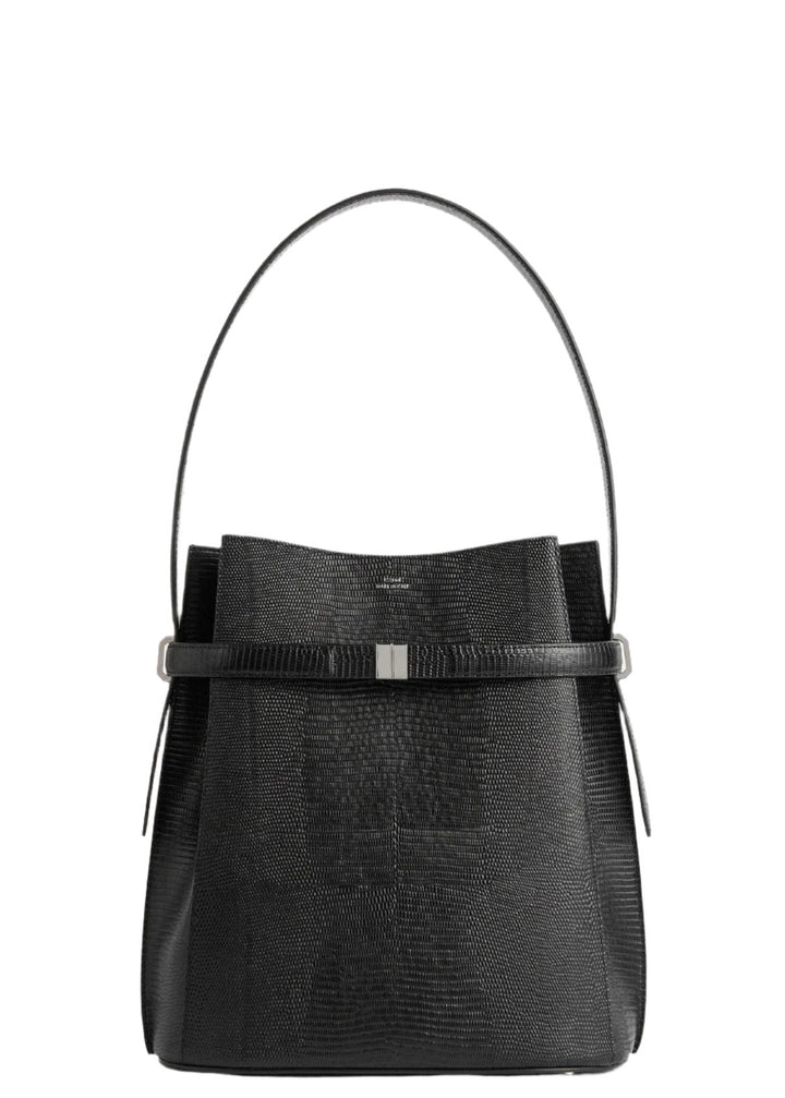 Belted lizard-embossed bucket bag