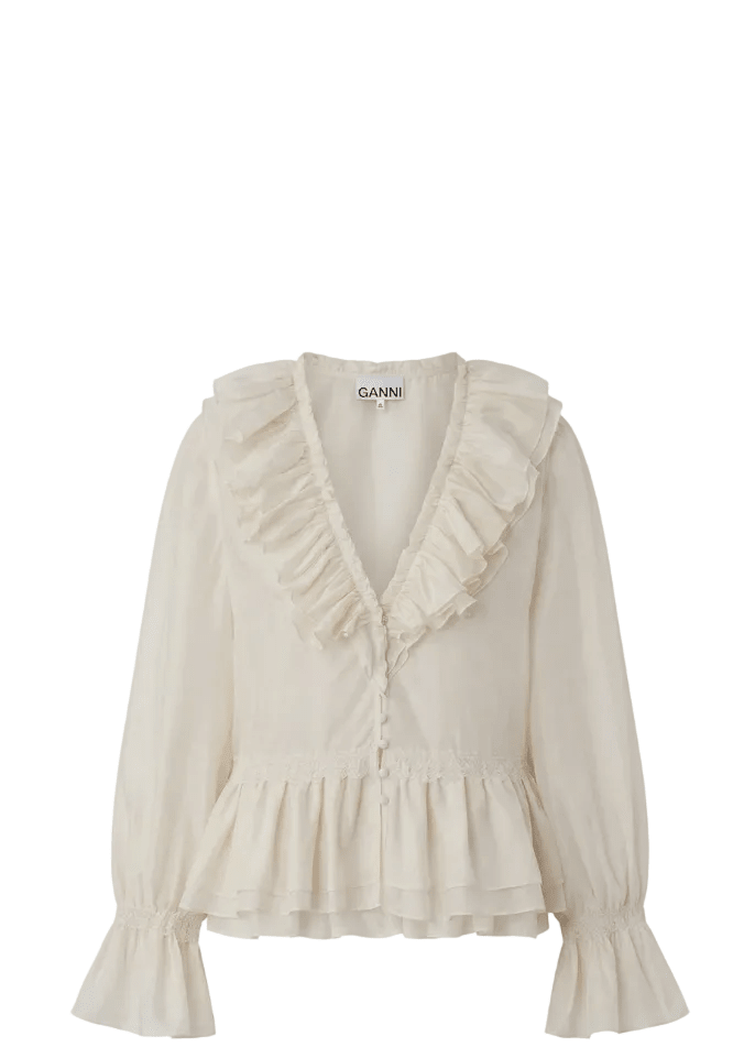 GANNI | Viscose Silk Habotai Frill Blouse | Tops